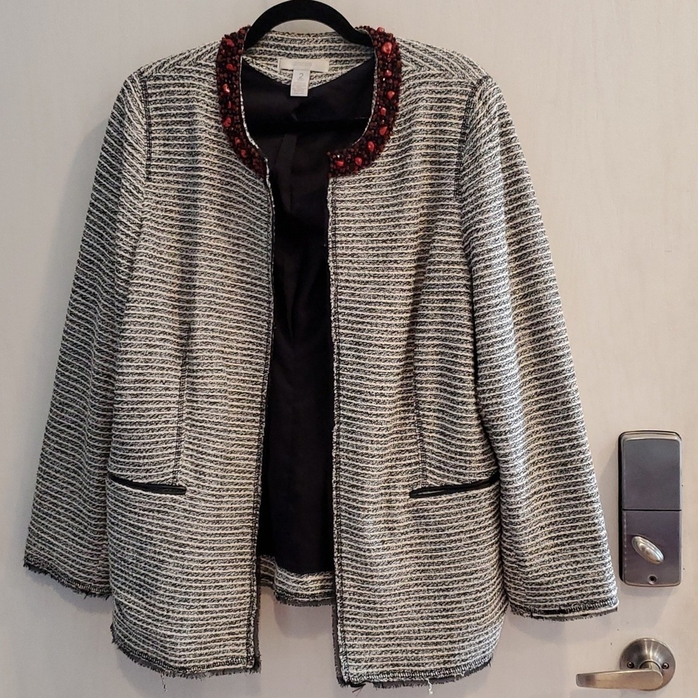Chico's Black, White, Silver Tweed Jacket with Embellished Neckline 2 / L - Picture 2 of 11